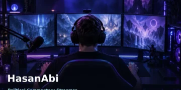 HasanAbi streaming setup dark cinematic esports atmosphere