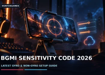Mobile gamer holding a phone with a BGMI sensitivity settings screen beside gyro and touch-control symbols