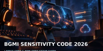 BGMI Sensitivity Code Latest: 2026 Gyro and Non-Gyro Guide 1 Mobile gamer holding a phone with a BGMI sensitivity settings screen beside gyro and touch-control symbols