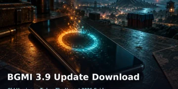 Dark cinematic mobile gaming artwork featuring a glowing smartphone mid-update, a holographic progress ring, sparks and embers, and neon rim light, with no faces, no logos and no text.