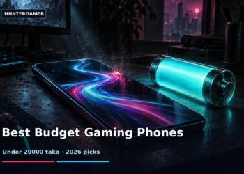Best Budget Gaming Phone Under 20000 Taka in Bangladesh 2026 14 Dark cinematic illustration of a budget gaming smartphone on a desk, with a glowing 120Hz-style screen light trail and a large battery symbol, without text, faces or logos.