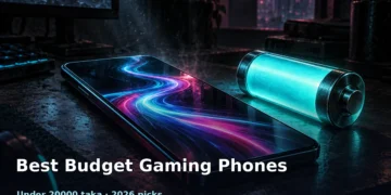 Best Budget Gaming Phone Under 20000 Taka in Bangladesh 2026 1 Dark cinematic illustration of a budget gaming smartphone on a desk, with a glowing 120Hz-style screen light trail and a large battery symbol, without text, faces or logos.
