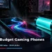 Best Budget Gaming Phone Under 20000 Taka in Bangladesh 2026 2 Dark cinematic illustration of a budget gaming smartphone on a desk, with a glowing 120Hz-style screen light trail and a large battery symbol, without text, faces or logos.