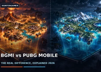 Dark cinematic illustration of two phones showing the same battle royale island under BGMI and PUBG Mobile branding
