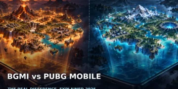 Dark cinematic illustration of two phones showing the same battle royale island under BGMI and PUBG Mobile branding