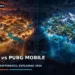 Dark cinematic illustration of two phones showing the same battle royale island under BGMI and PUBG Mobile branding