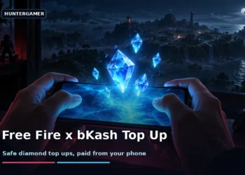 Dark cinematic illustration of a gamer's phone surrounded by glowing diamond crystals and a mobile payment glow, with no text, faces or logos.