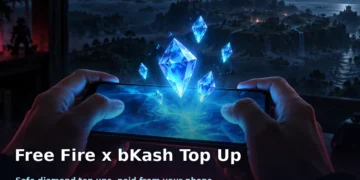 How to Top Up Free Fire with bKash in Bangladesh Safely 1 Dark cinematic illustration of a gamer's phone surrounded by glowing diamond crystals and a mobile payment glow, with no text, faces or logos.