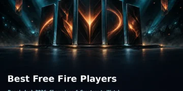 Dark cinematic mobile esports artwork showing a clutch of gaming phones glowing on a stage-lit arena floor, spotlight beams and drifting embers in an orange-and-teal palette, with no faces, logos or text.