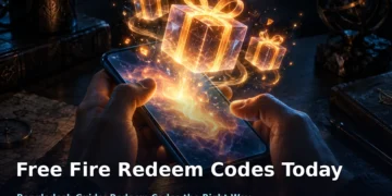 Dark cinematic mobile gaming artwork with a glowing smartphone, holographic gift boxes dissolving into embers, and neon rim light; no faces, no logos, no text.