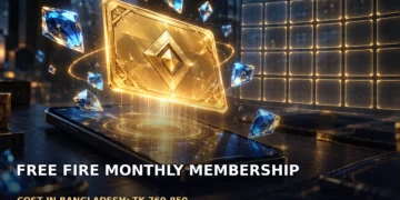 Dark cinematic artwork of a glowing golden membership card and sparkling diamonds floating above a phone, with no text.