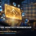 Dark cinematic artwork of a glowing golden membership card and sparkling diamonds floating above a phone, with no text.