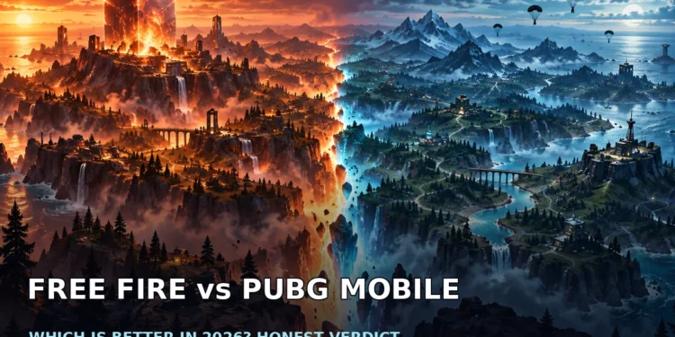 Dark cinematic illustration of contrasting battle royale islands, split between warm sunset colours and cool blue shadows