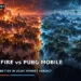 Dark cinematic illustration of contrasting battle royale islands, split between warm sunset colours and cool blue shadows