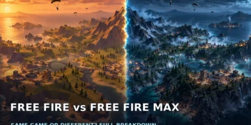 Dark cinematic battle royale island rendered twice, simple and warm beside an ultra-detailed, cool-toned version