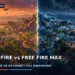 Dark cinematic battle royale island rendered twice, simple and warm beside an ultra-detailed, cool-toned version