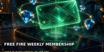 Dark cinematic artwork of a glowing membership card and sparkling diamonds hovering over a mobile phone, with moody blue lighting and no text.