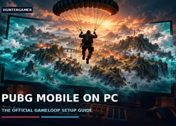 Dark cinematic artwork of a tactical soldier silhouette landing by parachute onto a glowing island arena projected from a desktop monitor, with a teal and orange palette, dramatic rim light, no faces, no logos, and no text.