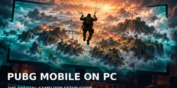 Dark cinematic artwork of a tactical soldier silhouette landing by parachute onto a glowing island arena projected from a desktop monitor, with a teal and orange palette, dramatic rim light, no faces, no logos, and no text.