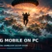 Dark cinematic artwork of a tactical soldier silhouette landing by parachute onto a glowing island arena projected from a desktop monitor, with a teal and orange palette, dramatic rim light, no faces, no logos, and no text.