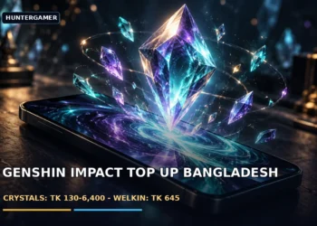 Dark cinematic artwork of a glowing crystal prism hologram floating above a phone, with blue and violet light reflecting across a gaming desk, no text.