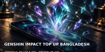 Dark cinematic artwork of a glowing crystal prism hologram floating above a phone, with blue and violet light reflecting across a gaming desk, no text.