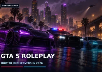 GTA 5 Roleplay: How to Join Servers in 2026 from Bangladesh 14 Dark cinematic view of a GTA V city street at night, with a player character beside a car under streetlights and distant city lights
