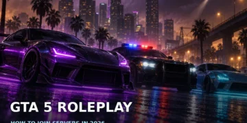 Dark cinematic view of a GTA V city street at night, with a player character beside a car under streetlights and distant city lights