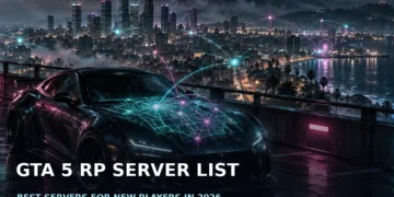 GTA 5 RP Server List: A Practical 2026 Bangladesh Guide 1 Dark cinematic GTA V city street at night, with characters gathered beside parked cars beneath streetlights and a glowing urban skyline
