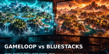 Dark cinematic PC-gaming desk with a laptop, monitor, keyboard and mouse, blue ambient lighting and an abstract battleground scene, with no faces, logos or text.