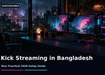 Dark cinematic streaming desk with an RGB-lit PC, microphone and gameplay glow across the workspace, with no faces, no logos and no text