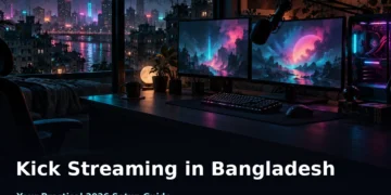 Kick Streaming in Bangladesh: Your Practical 2026 Guide 1 Dark cinematic streaming desk with an RGB-lit PC, microphone and gameplay glow across the workspace, with no faces, no logos and no text