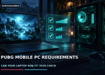 Dark cinematic PC-gaming artwork showing an open laptop beside a desktop tower, keyboard and mouse, with moody blue lighting and no faces, logos or text