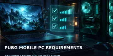 Dark cinematic PC-gaming artwork showing an open laptop beside a desktop tower, keyboard and mouse, with moody blue lighting and no faces, logos or text