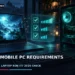 Dark cinematic PC-gaming artwork showing an open laptop beside a desktop tower, keyboard and mouse, with moody blue lighting and no faces, logos or text