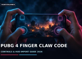 PUBG Mobile 4 Finger Claw Controls Code: 2026 HUD Guide 14 Player holding a phone with four fingers positioned over a PUBG Mobile claw HUD, showing movement, fire, ADS and camera controls