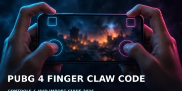 Player holding a phone with four fingers positioned over a PUBG Mobile claw HUD, showing movement, fire, ADS and camera controls