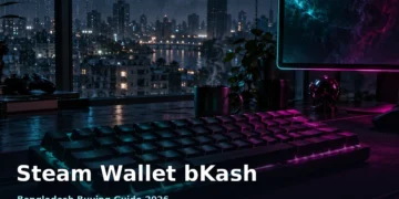 Steam Wallet with bKash in Bangladesh: Safe Buying Guide 1 Dark cinematic PC gaming setup with glowing keyboard and moody Bangladesh city backdrop