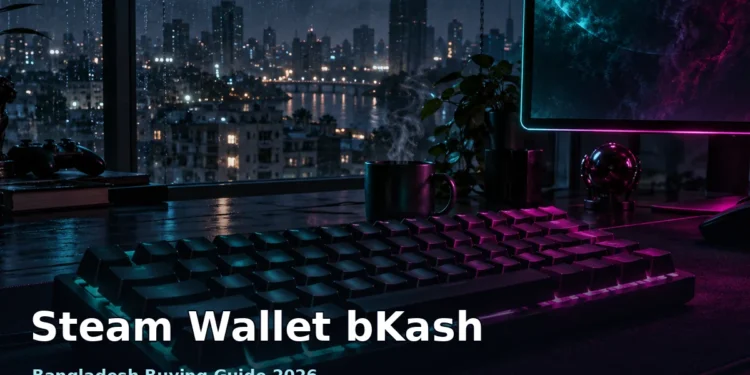 Dark cinematic PC gaming setup with glowing keyboard and moody Bangladesh city backdrop