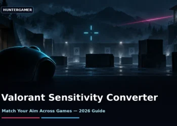Dark cinematic Valorant-style practice range with a glowing aim reticle, tactical scenery and a gaming mouse in the foreground, no faces or text