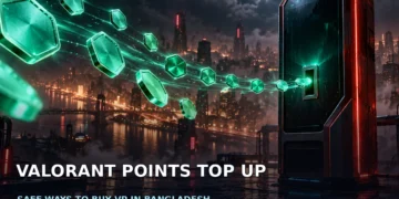 Valorant Points Top Up Bangladesh: Every Safe Way to Buy VP 1 Dark cinematic illustration of glowing teal coins flowing into a futuristic dark terminal with red accents