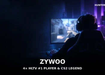 Dark cinematic esports scene for ZywOo's profile, showing a seated competitor from behind at a softly lit gaming setup, with no visible face, logos or text.