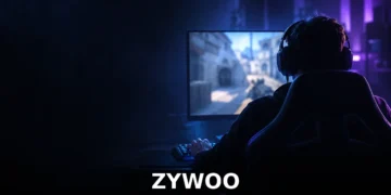 Dark cinematic esports scene for ZywOo's profile, showing a seated competitor from behind at a softly lit gaming setup, with no visible face, logos or text.