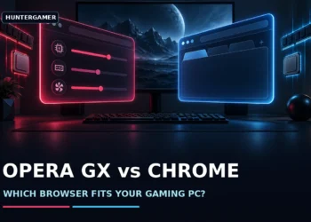 Conceptual red and blue browser panels above a gaming keyboard, not an actual browser screenshot