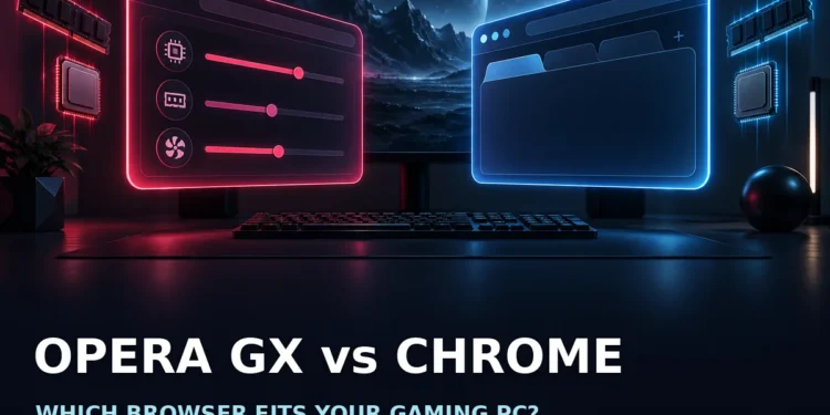 Conceptual red and blue browser panels above a gaming keyboard, not an actual browser screenshot