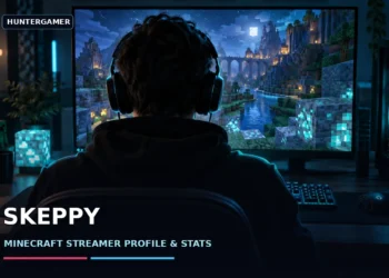 Dark cinematic esports scene inspired by Skeppy's Minecraft content, with a glowing diamond-blue block, a gaming desk and moody blue lighting.