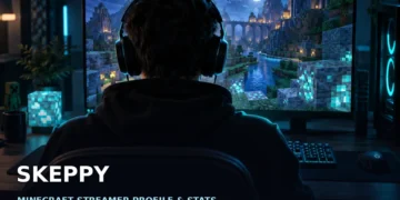 Dark cinematic esports scene inspired by Skeppy's Minecraft content, with a glowing diamond-blue block, a gaming desk and moody blue lighting.