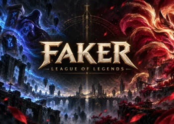 Faker League of Legends cover with gold lettering, blue arcane imagery and a crimson fox spirit