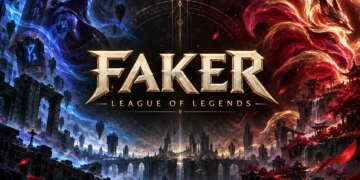 Faker League of Legends cover with gold lettering, blue arcane imagery and a crimson fox spirit