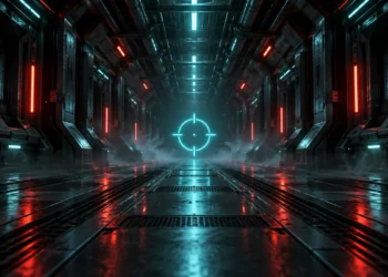 Valorant crosshair codes concept with a glowing cyan crosshair in a futuristic corridor